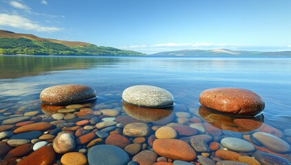 Still lake waters, rounded stones, hills in the distance