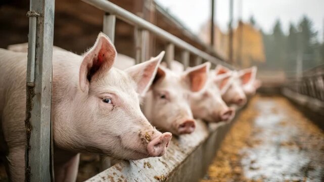 Pigs waiting for food in pigsty at farm