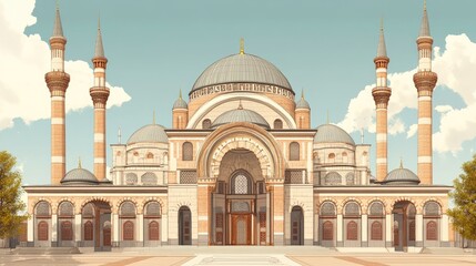 Obraz premium Magnificent Mosque Architecture: A Digital Rendering of an Ottoman-Style Mosque