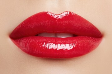Obraz premium Crimson Kiss: A close-up of a pair of full, inviting lips, vividly painted in a radiant shade of crimson, hinting at the intimacy and allure of beauty.