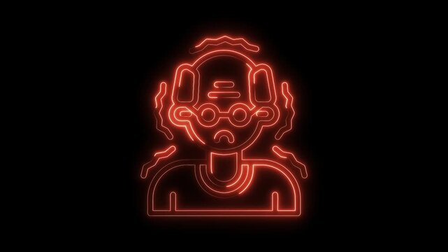 Neon icon of stressed senior man with headache and hearing problems animation