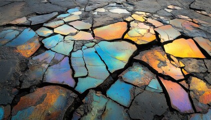 Fractured pavement shows rainbow sheen on oiled surface
