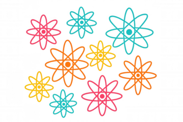 Colorful atom symbols creating a seamless pattern, representing science, chemistry, and physics on transparent background