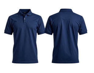 Front and back view of a navy blue polo shirt on a dark background