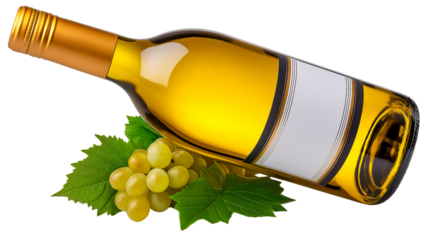 Elegance of a Golden Elixir: A pristine, golden-hued bottle of fine wine lies beside a bunch of ripe grapes. A visual representation of premium taste.
