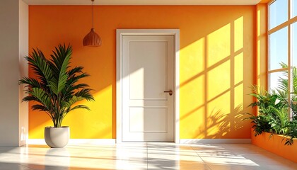 An interior shot featuring a bright orange wall with sunlight illuminating a door, plants, and clean, tiled floor