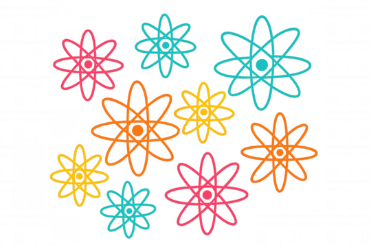 Colorful atom symbols creating a seamless pattern, representing science, chemistry, and physics on transparent background