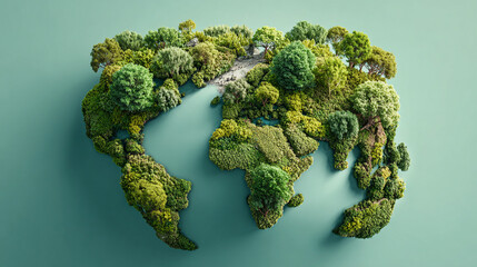 Planet Earth on green background with continents formed from tree crowns and clear azure oceans, symbolizing ecological sustainability, environmental protection, and the survival of the planet.