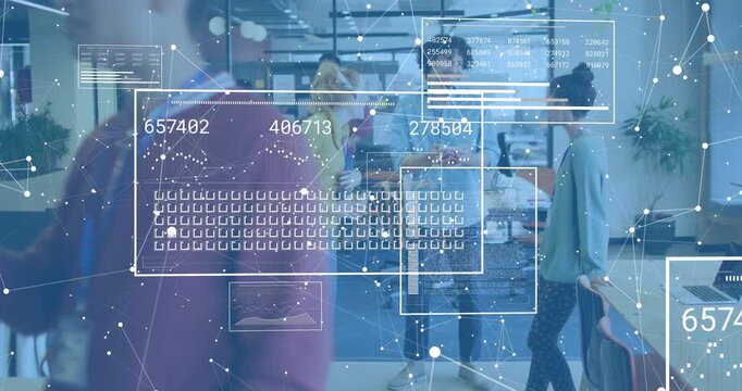 Software developer walking ahead initiating animated tech data overlay panels fading in around team
