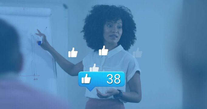 Presenter starting business meeting, pointing chart, showing rising like counter to 95 for approval
