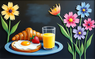 Colorful breakfast with croissant, egg, strawberries, and juice surrounded by flowers for International Women's Day