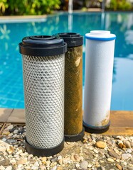 Pool filter cartridges beside a swimming pool