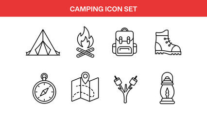 Camping Line Icon Set – Tent, Campfire, Backpack, Hiking Boot, Compass, Map, Marshmallows, Lantern