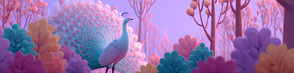 Fototapeta premium Elegant Peacock and Mysterious Landscape (Horizontal)