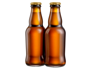 Golden Brew Duo: Two elegantly crafted beer bottles stand side by side, exuding a classic charm. Each amber glass holds the promise of refreshment, sealed with a golden cap.