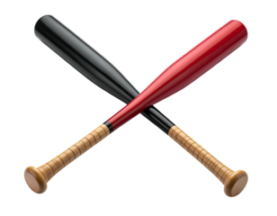 Crossed baseball bats, one red and one black, with wood-tone handles