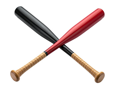 Crossed baseball bats, one red and one black, with wood-tone handles