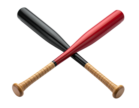 Crossed baseball bats, one red and one black, with wood-tone handles