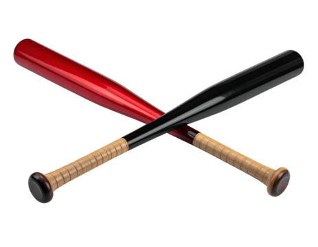 Crossed baseball bats, one red, one black, wooden handles, against a black background