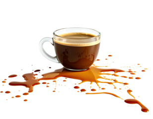 A clear glass mug of coffee teetering above a pool of spilled, dark brown liquid