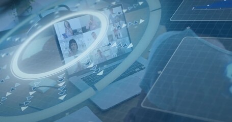 Man operating laptop initiating ring overlay while remote team appearing in chart grid for business - Powered by Adobe