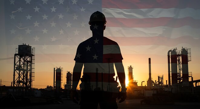 Silhouette of a worker with american flag overlay at industrial site sunset - Powered by Adobe