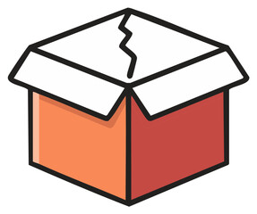 Open cardboard box with torn lid, graphic icon