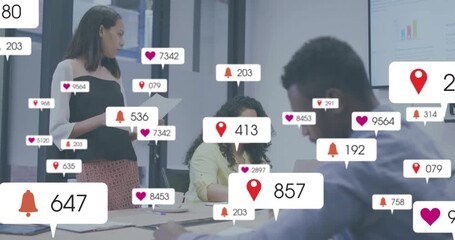 Three colleagues presenting in business meeting, icons rising around team showing engagement growth - Powered by Adobe
