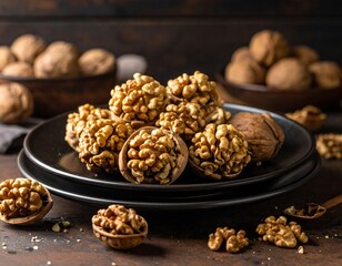 Fototapeta premium Shelled walnuts on dark plates