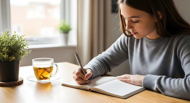 Young girl writing in a journal next to a cup of tea
