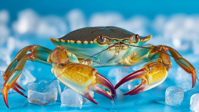 Vibrant blue crab navigating through ice cubes, showcasing its striking colors and intricate details, emphasizing the dynamic movement and natural beauty of marine life in a captivating underwater sce