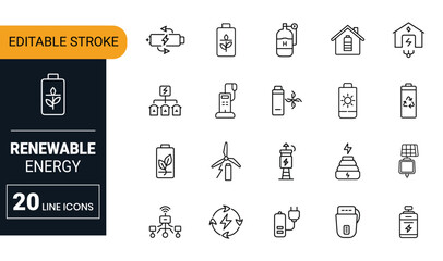 Collection of 20 renewable energy and storage line icons energy storage battery