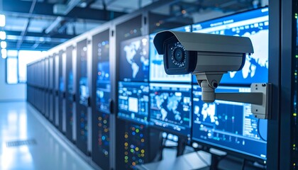 Security Camera in a Modern Data Center Surveillance Technology Concept.