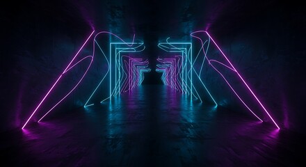 Abstract neon tunnel with glowing lights and reflections in a dark setting