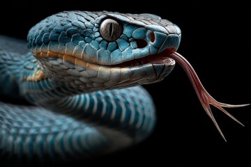 A snake extends its tongue while resting on a tree branch