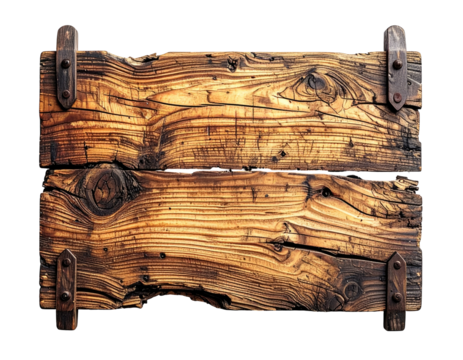 Two weathered, wooden planks, held together by rusty metal brackets