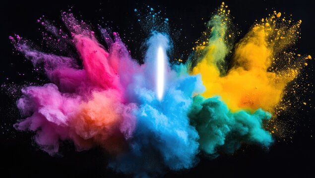 Multicolored powder explosion on black background