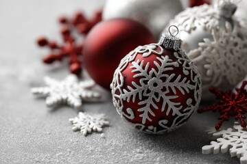 Closeup of Christmas decorations on a table with snow falling