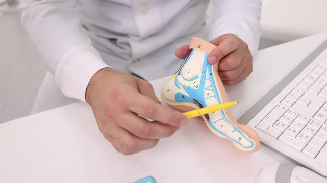 Anatomical foot model on doctor table while consultation in orthopedics center. Treatments for flat feet and pes planus