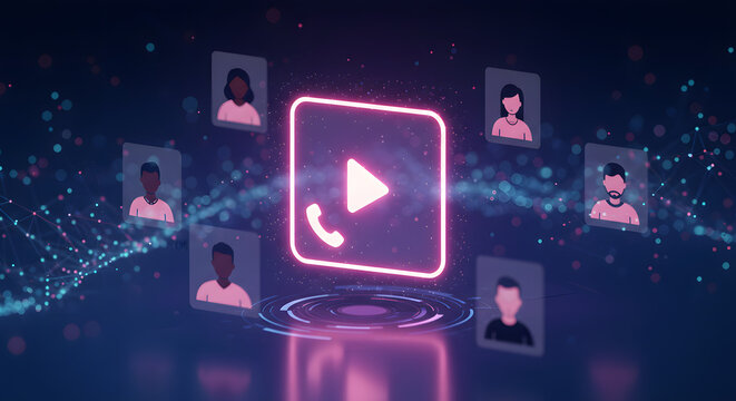 Digital communication concept featuring video call icons with diverse user profiles and glowing effects