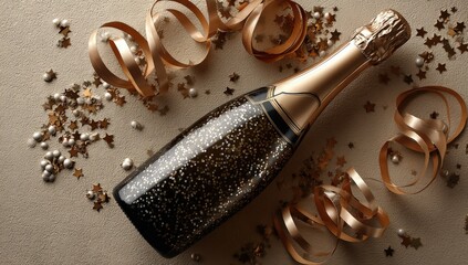 A champagne bottle is surrounded by gold confetti and ribbons