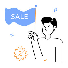 Special sale promotion waving flag with percentage symbol, representing discounts and offers for retail and e-commerce shoppers