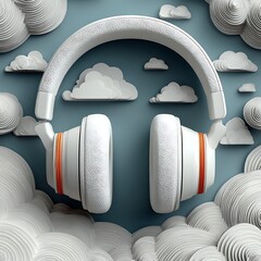 Large headphones illustration surrounded by clouds in creative layered paper art style. Music concept
