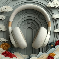 Stylized headphones illustration with clouds and layered arch shapes in surreal decorative paper art. Music concept
