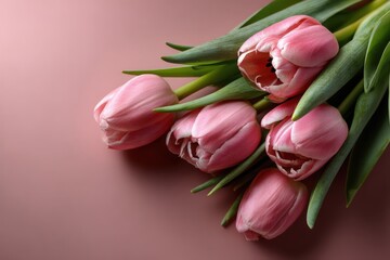 Obraz premium A vibrant bouquet of pink tulips with green leaves on pink background