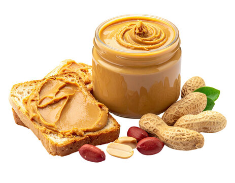 A glass jar of creamy spread with sliced bread, peanuts and a dark background