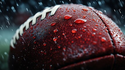 Close up of football with rain drops on surface creating dramatic sports background. Sports concept
