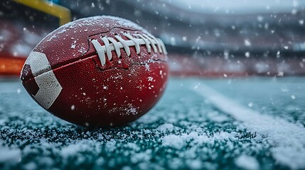 Football placed on green turf during falling snow in outdoor stadium creating dramatic sports atmosphere. Sports concept
