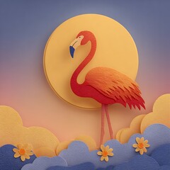 A flamingo illustration standing under glowing moon with colorful clouds and flowers in layered paper style. Nature concept
