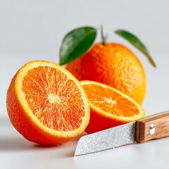 Fresh whole and sliced oranges with green leaves and knife on white background in clean minimal composition. Food concept
